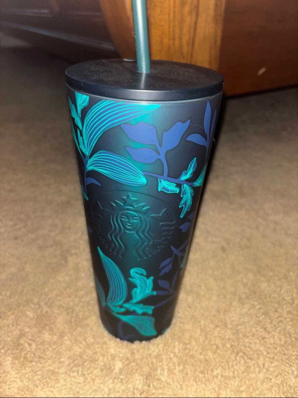Starbucks Black Tumbler with Teal & Blue Floral Design